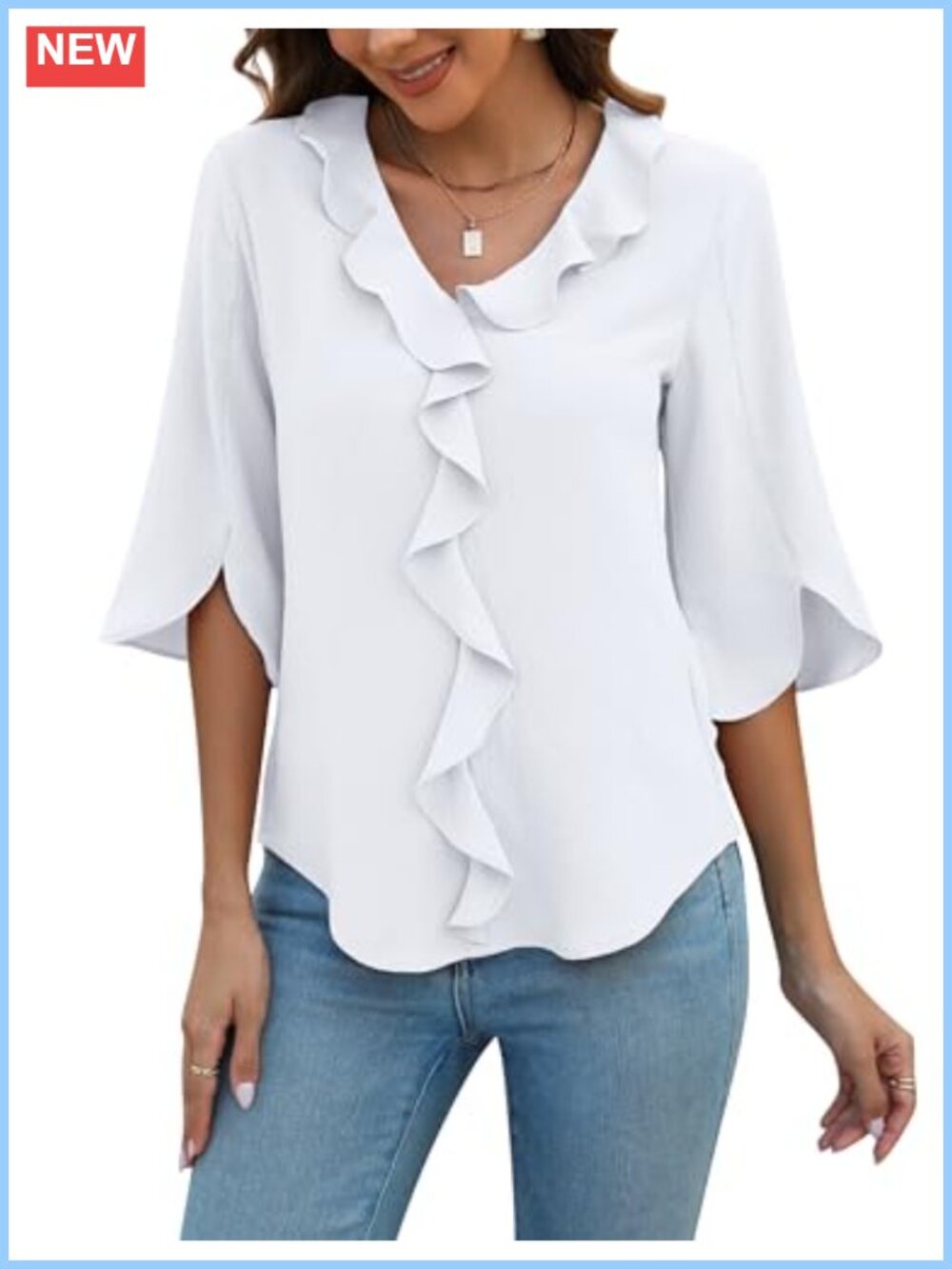Dressy Casual Blouse 3/4 Sleeve V-Neck Ruffle Tunic Top Solid Business Work